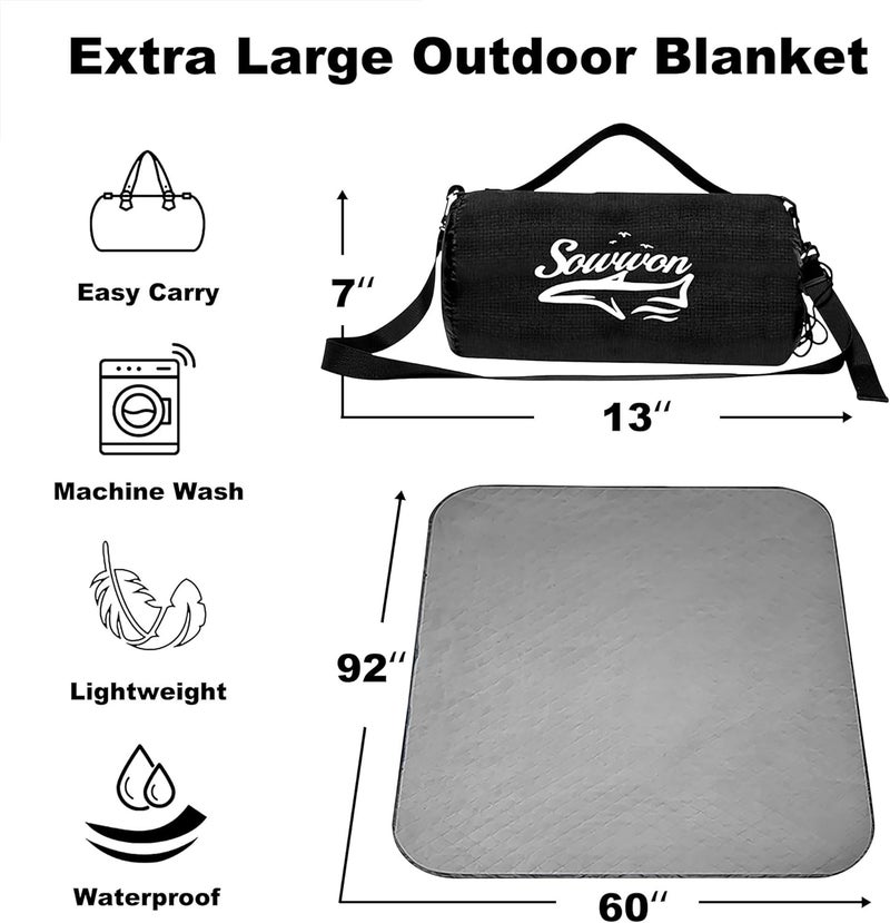 sowwon Waterproof Outdoor Blanket Packable, Stadium Blankets for Camping with Sherpa Fleece Lining, Large Windproof Emergency Throw for Garss Picnic Hiking Road Trip, Machine Washable, 82"X 55"/ 92''X 60'' - Image 2